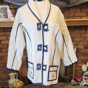 Vintage Flashback Brand Cream Navy Blue Accents Jacket Lace Rick Rack Toggle